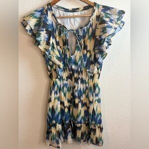 Mariacher Ikat Blue Green Print Ruffle Sleeve Pearl Mini Dress Size Small